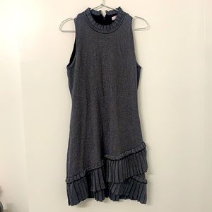 Parker black and silver knit holiday dress with ruffled hem, sz L
